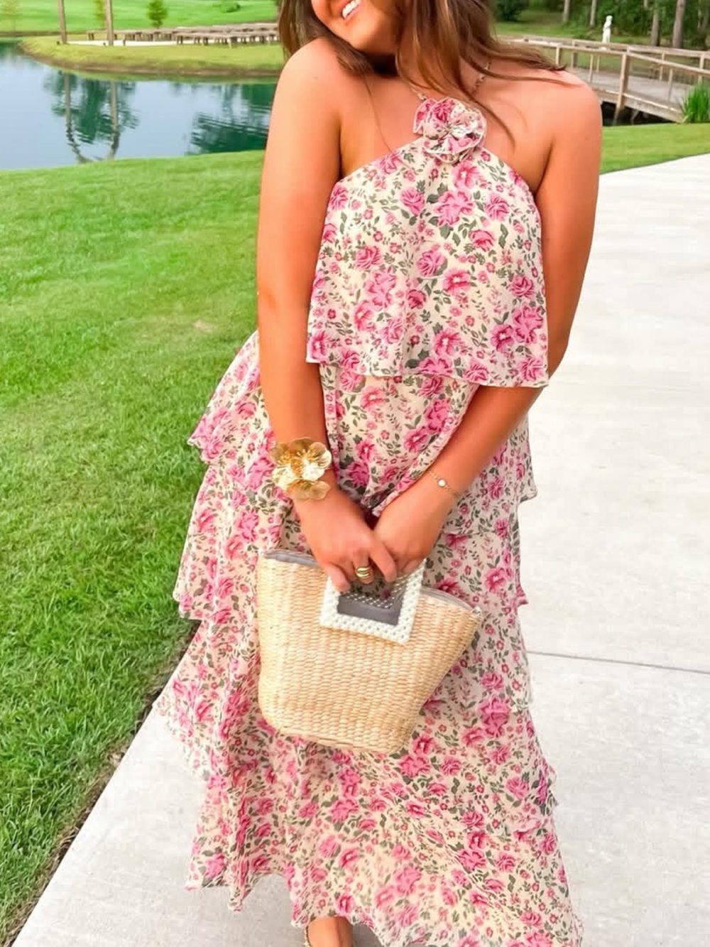 Straw Tote Bag with Pearl Square Handles - Natural